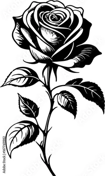 Fototapeta black graphic drawing of a rose flower on a white background, isolated element, decor