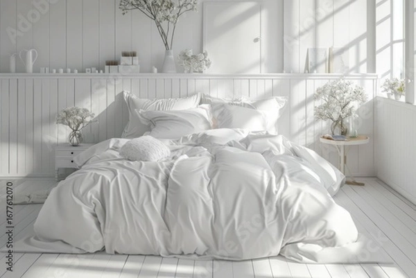 Fototapeta White luxury bedroom interior, wall mockup, 3d render