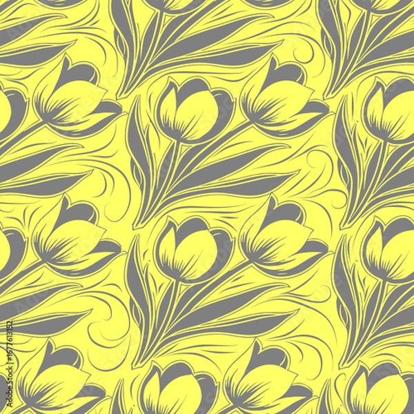 Fototapeta simple seamless gray and yellow tulip flowers pattern, background, texture
