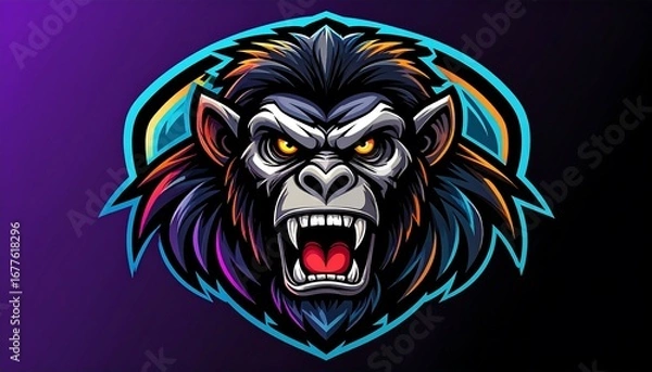 Fototapeta A vibrant, colorful graphic design of a gorilla head, featuring bold outlines and striking color accents.