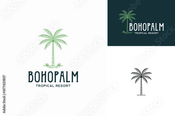 Fototapeta Artistic line art of Tropic Palm Coconut Tree with simple boho style for tropical resort or hotel logo design