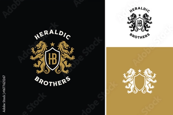 Fototapeta Two heraldry rampant lions with kingdom shield crest letters HB Monogram. A Classic Luxury Coat of Arms Vintage Premium Brand logo design