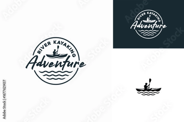Fototapeta Silhouette of man rowing a paddle oar on canoe or kayak boat for river stream kayaking adventure label logo design