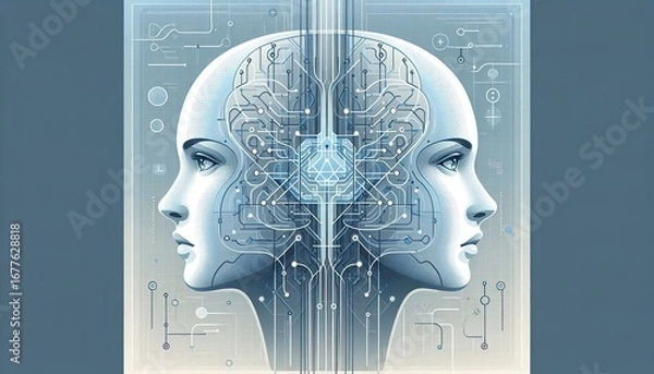 Fototapeta Intricate circuit board forming two mirrored human heads, symbolizing the duality and interconnectedness of AI