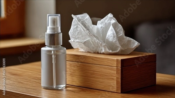 Obraz Wooden Box with Tissues and Spray Bottle on Table