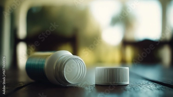 Obraz Open Medicine Bottle on Wooden Table