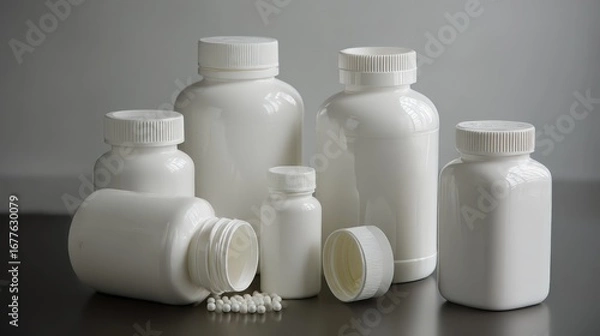 Obraz Assorted White Plastic Pill Bottles on Gray Background