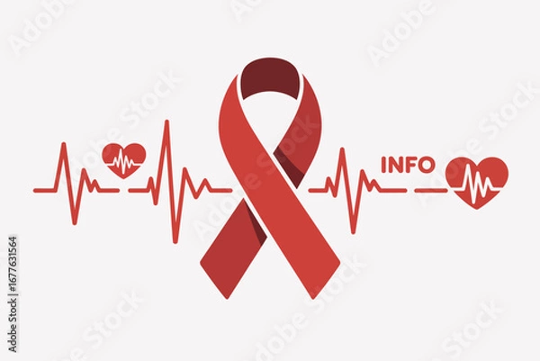 Fototapeta Aids awareness ribbon with heart beat line and heart shape on a white background with info text