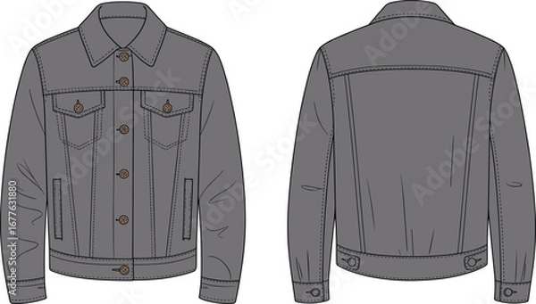 Fototapeta Men’s denim jacket flat sketch, front and back view, fashion technical drawing, casual outerwear vector template for CAD design