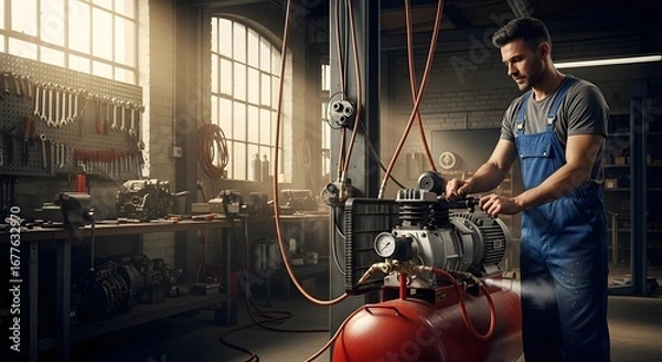 Fototapeta Man working on air compressor in a garage with tools and equipment visible in the background area now