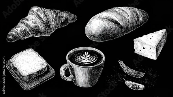 Fototapeta Artisanal coffee latte with croissant flatlay captured in warm moody lighting.