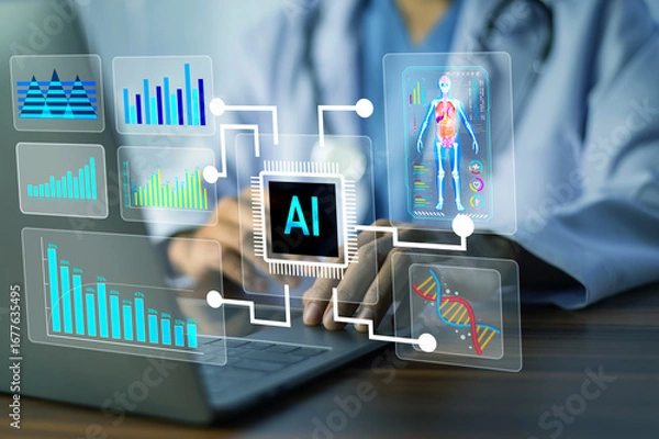 Fototapeta Doctor technology AI transforms patient care by integrating advanced diagnostics, predictive analytics, and personalized treatment for improved healthcare efficiency and accuracy.