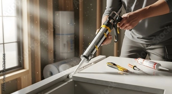 Fototapeta Person using a caulking gun to apply sealant to a surface with tools nearby in a construction setting