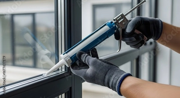 Fototapeta Worker applying sealant to window frame with caulking gun for weatherproofing home improvement project
