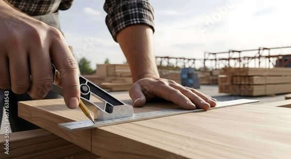 Fototapeta Carpenter marking wood with a combination square and pencil in an outdoor construction environment scene