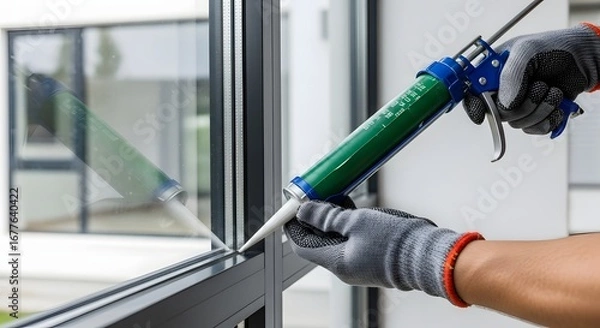 Fototapeta Applying sealant to window frame with caulking gun and gloved hands for home improvement project
