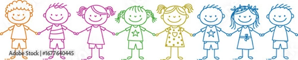 Obraz Colorful stick figure children holding hands, happy cartoon kids illustration, rainbow line art, unity, friendship, doodle style, playful drawing