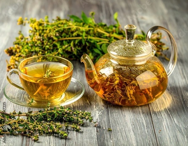 Obraz Herbal tea set on a wooden table