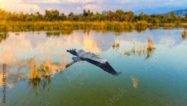 Obraz Heron in flight over tranquil wetland