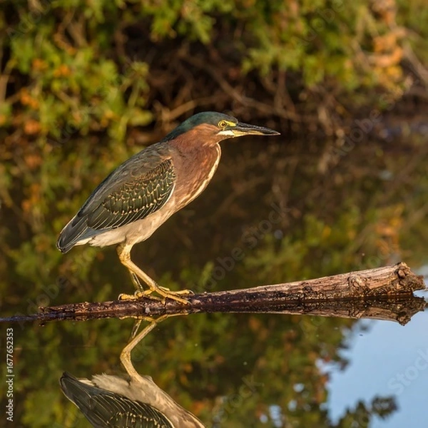 Obraz Heron on log, reflected in water
