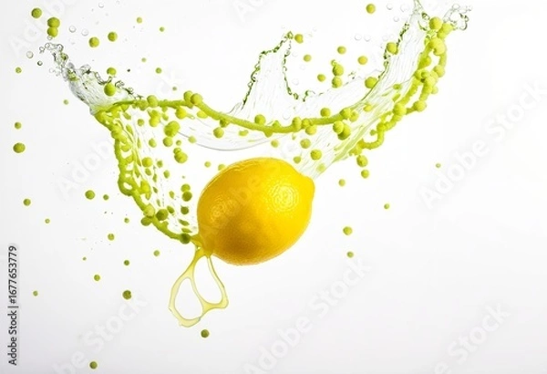 Fototapeta A lemon falling into the water with bubbles.