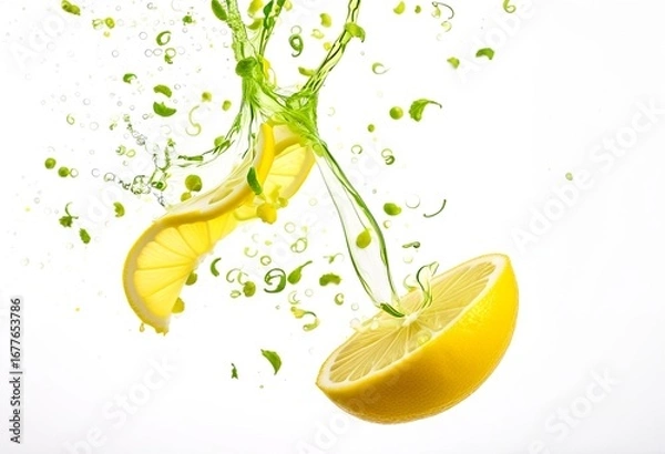 Fototapeta A lemon falling into the water with bubbles.