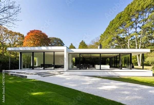 Fototapeta A modern white house with a pool in the yard.