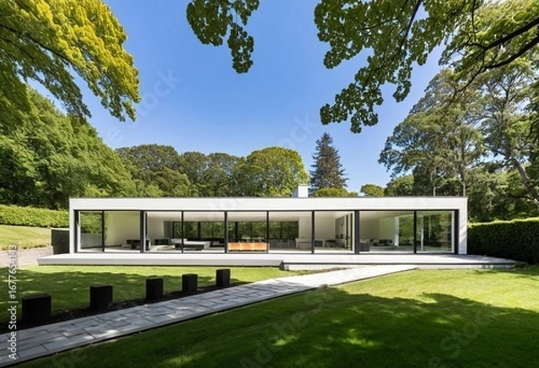 Fototapeta A modern white house with a pool in the yard.