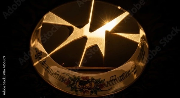 Fototapeta Immersive POV from inside a cracked music box, yearning for light