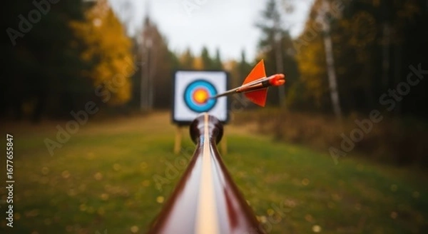 Fototapeta Immersive POV of a perfect bullseye in archery