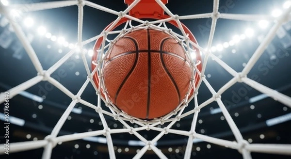 Fototapeta Immersive POV from inside the net of a winning basketball shot