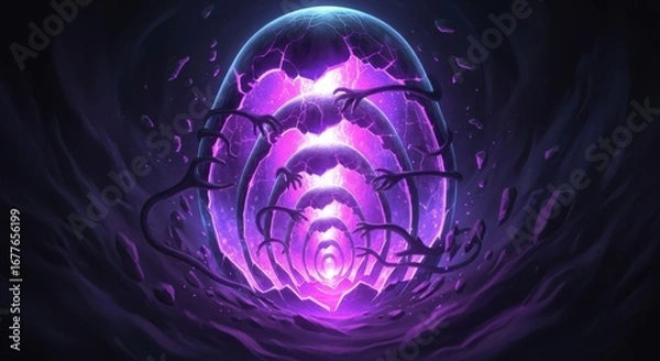 Fototapeta Magical nested crystal shells of light shattering a dark curse