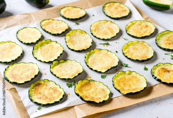 Fototapeta A baking sheet filled with sliced zucchini on top of a wooden table.