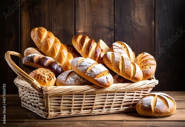 Fototapeta A basket filled with lots of different types of bread.