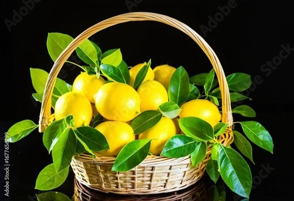 Fototapeta A basket full of lemons sitting on top of a table.