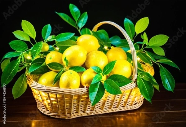 Fototapeta A basket full of lemons sitting on top of a table.