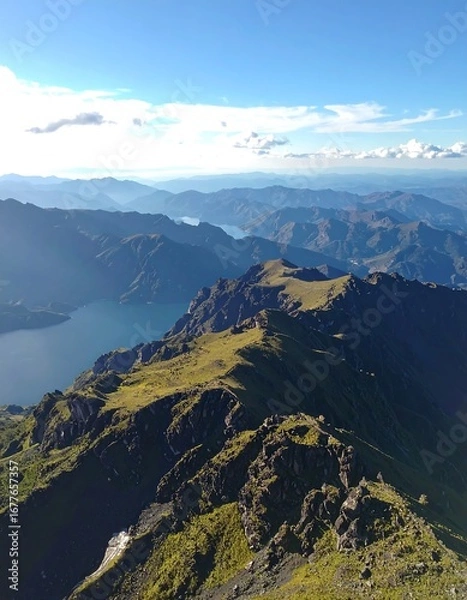 Obraz High-altitude mountain range with lake valley