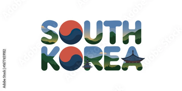 Fototapeta South Korea Vector Typography with Landscape, Mountains, Pagoda, Traditional Architecture, and Taeguk Symbol Isolated on Transparent Background
