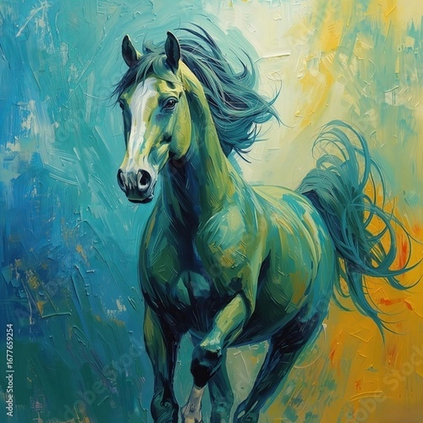 Obraz Majestic Vibrant Impressionist Horse. Majestic impressionist horse painting with vibrant emerald green, cobalt blue, and yellow tones, dynamic brushstrokes, flowing mane, textured layers.