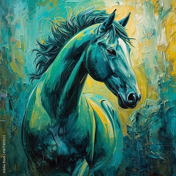 Obraz Majestic Vibrant Impressionist Horse. Majestic impressionist horse painting with vibrant emerald green, cobalt blue, and yellow tones, dynamic brushstrokes, flowing mane, textured layers.