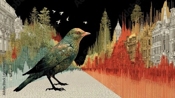 Fototapeta Noise pollution in urban environments affecting wildlife and human health, visualized with data or recorded soundscape analysis