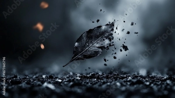 Fototapeta Charred Leaf Disintegrating in Midair over Ash