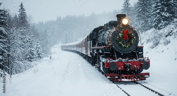 Obraz Vintage steam train through snowy winter landscape