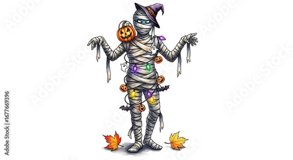 Obraz Cartoon mummy figure with halloween decorations on a white background