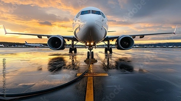 Obraz Modern passenger airplane refueled with sustainable aviation fuel at airport terminal, representing renewable energy transition in aviation industry