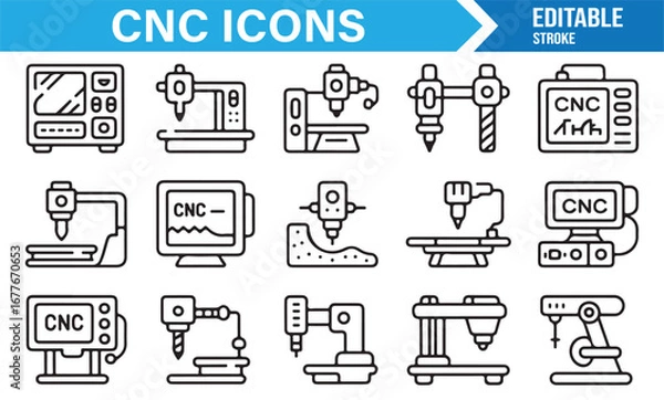 Fototapeta Editable stroke CNC line icons including robotic arms, lathe, and precision factory machines