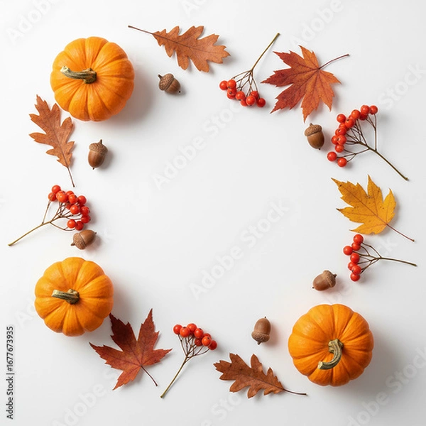 Obraz Minimal fall wreath frame with pumpkins, acorns and autumn leaves on white