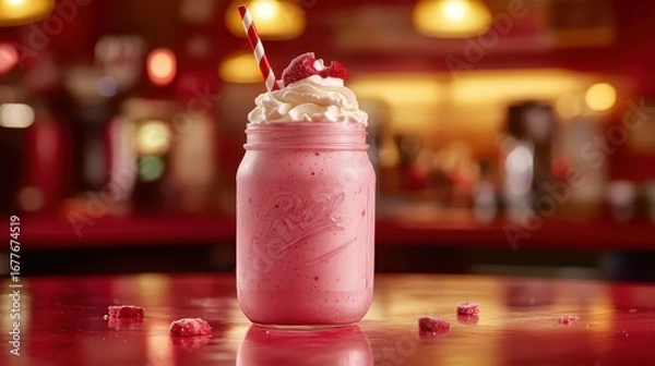 Fototapeta Delicious Strawberry Smoothie in Mason Jar with Whipped Cream
