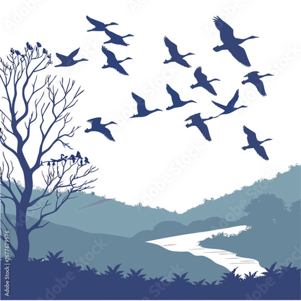 Obraz Birds Flying in Flock Silhouette – Nature Vector Illustration
