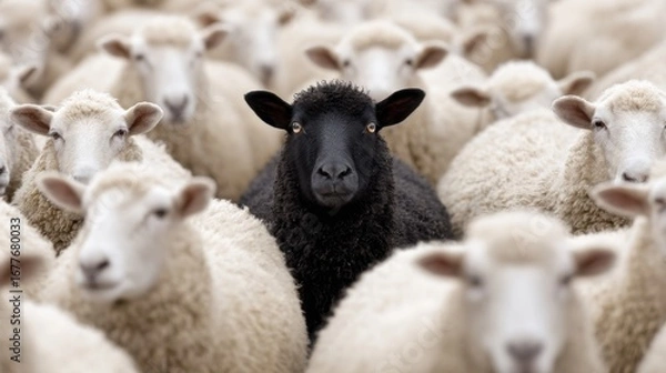 Fototapeta A black sheep looks directly at the viewer, surrounded by white sheep in a lush green pasture. The sun casts a warm glow, bringing focus to the unique sheep's distinct appearance within the flock.
